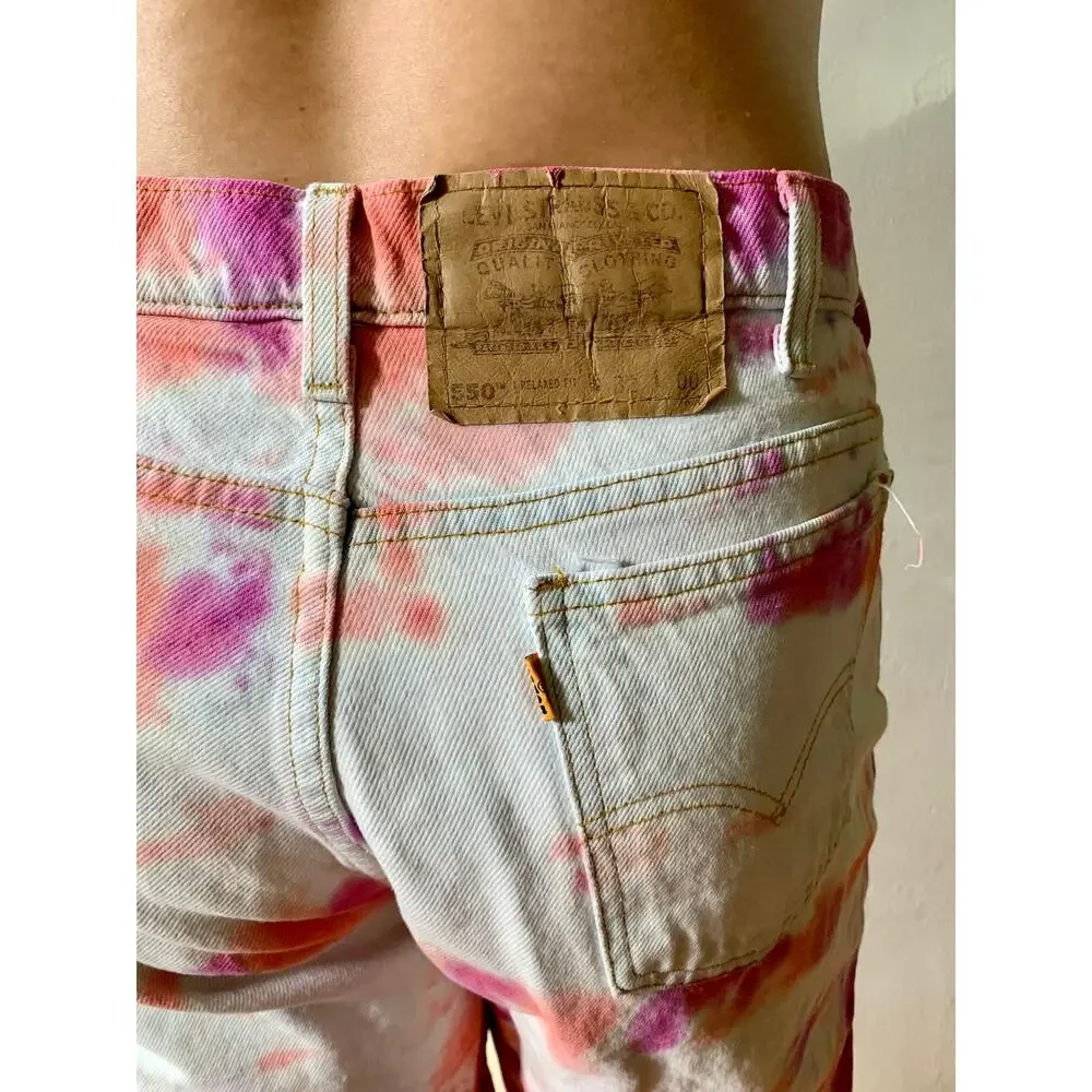 Vintage 90s Levis Yellow Tab Reworked Denim Shorts Pink Orange Tie Dye 32